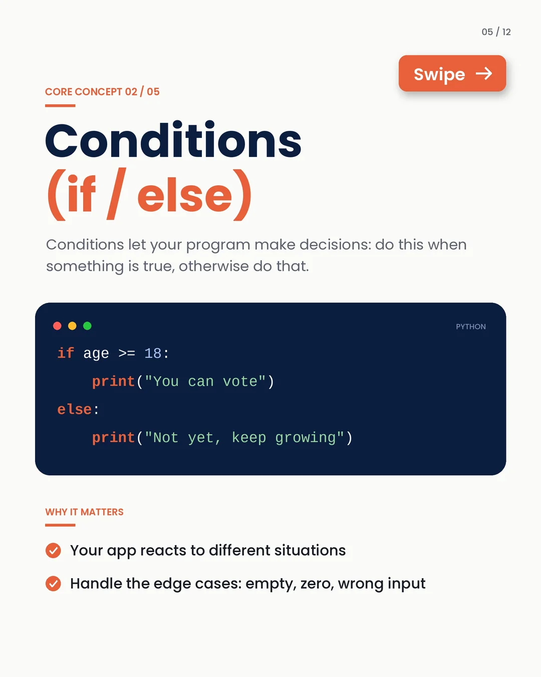 Core concept 02 · Conditions (if / else): let your program make decisions.