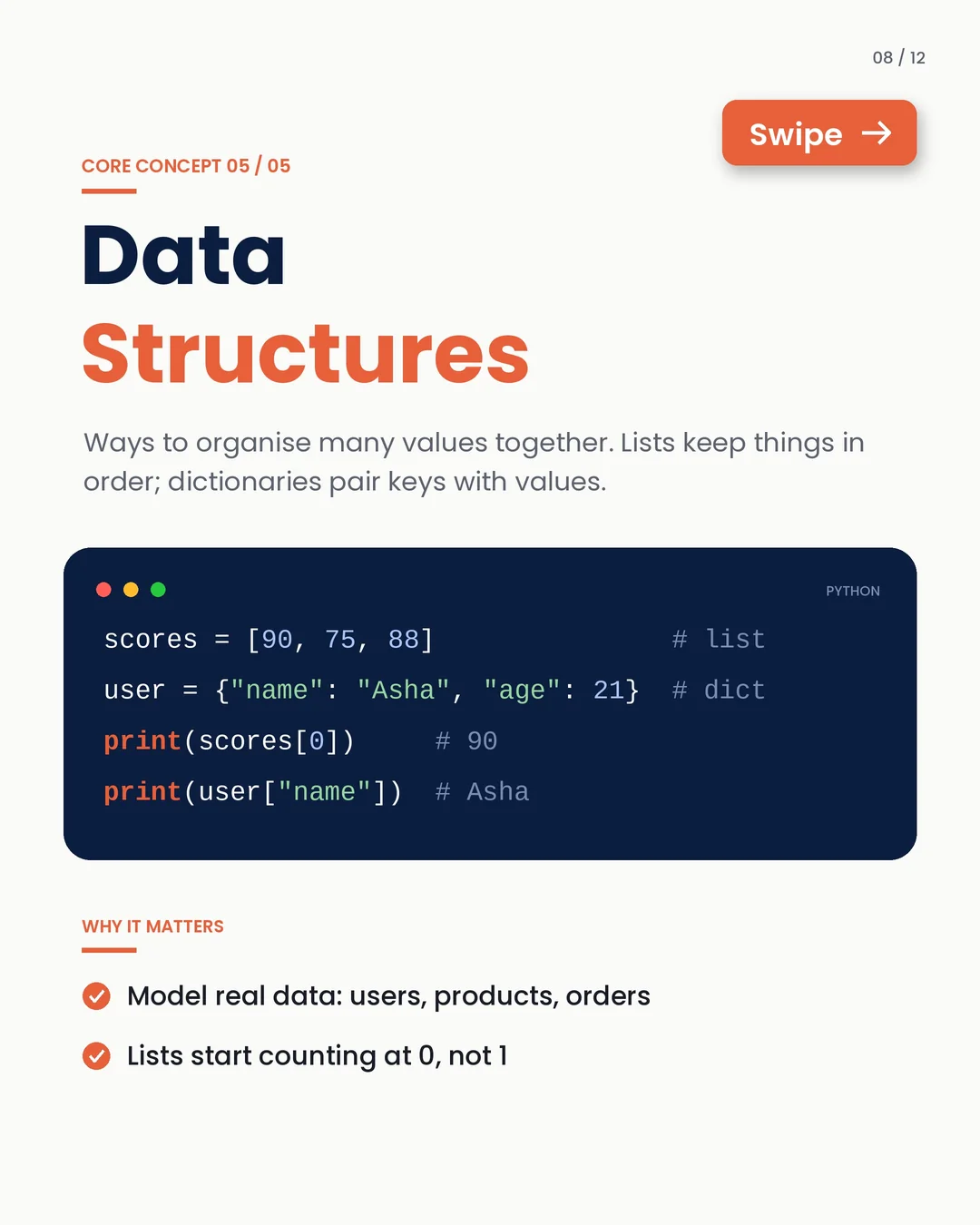 Core concept 05 · Data structures: lists keep things in order; dictionaries pair keys with values.
