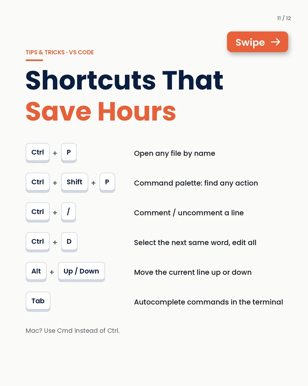 VS Code shortcuts that save hours: quick open, command palette, comment, multi-select, move line, autocomplete.