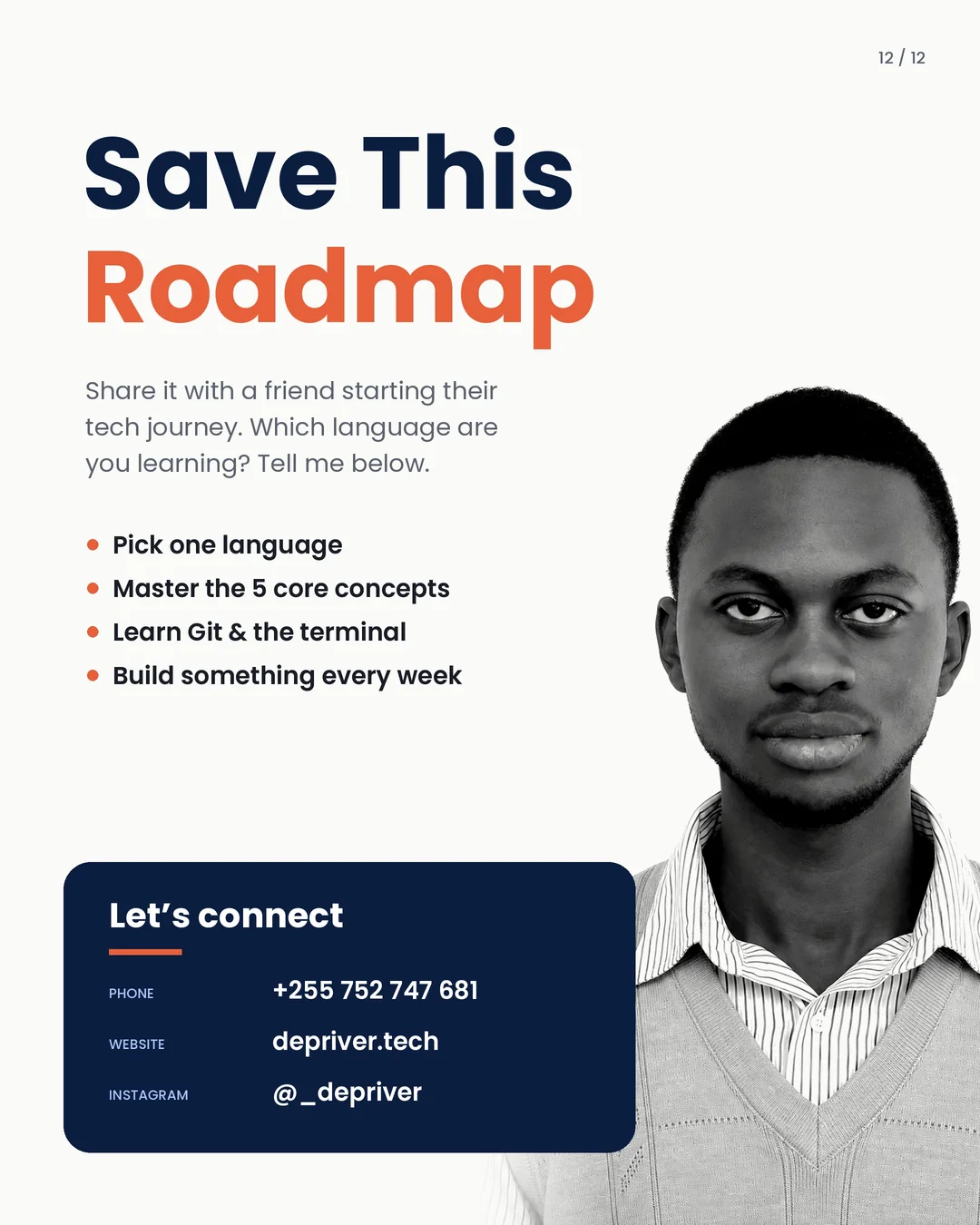 Save this roadmap: pick one language, master the five core concepts, learn Git & the terminal, build something every week.