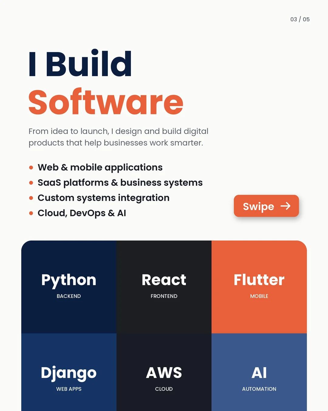 I build software from idea to launch: web and mobile apps, SaaS platforms, systems integration, cloud, DevOps and AI.