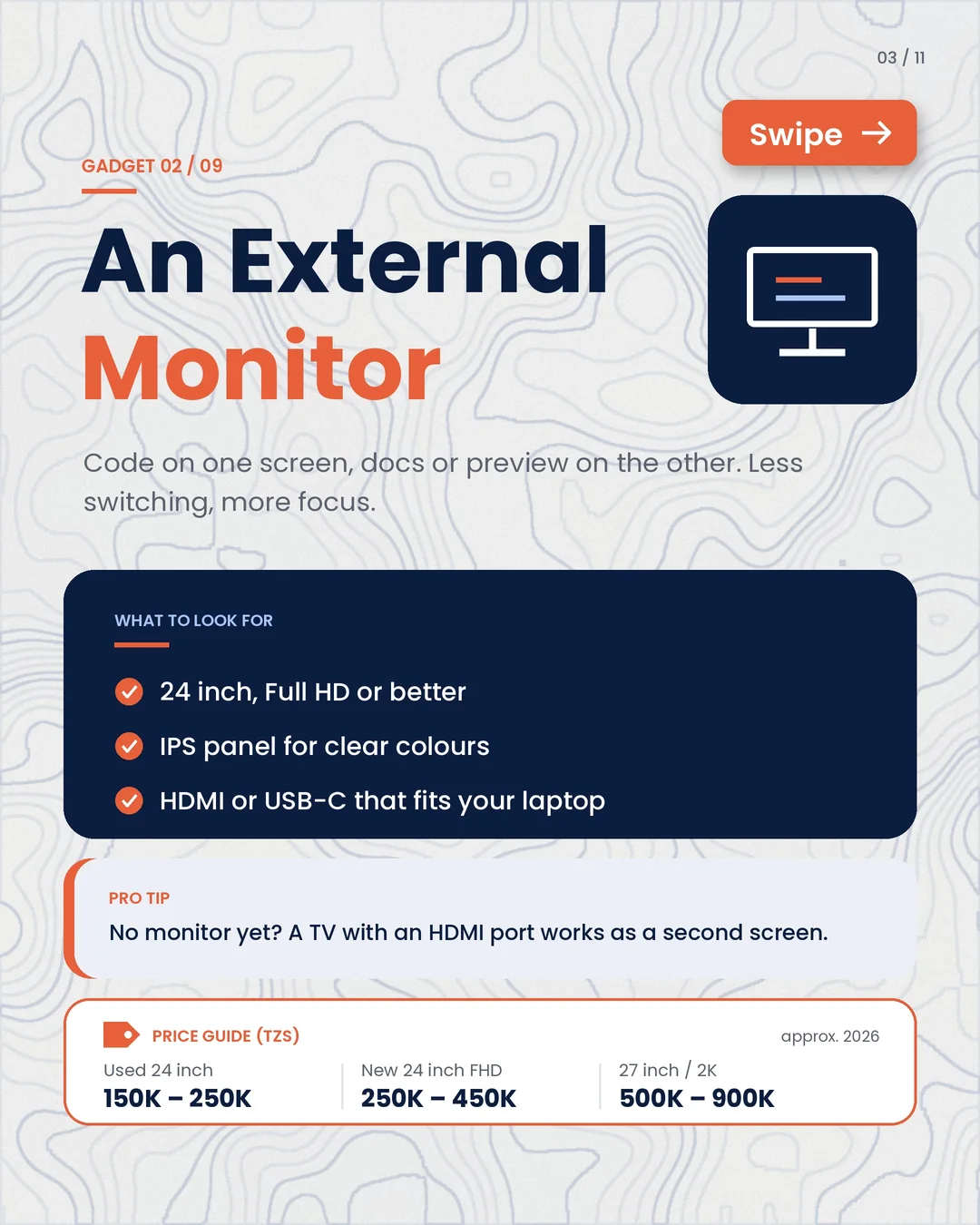 02 · An external monitor: code on one screen, docs or preview on the other.