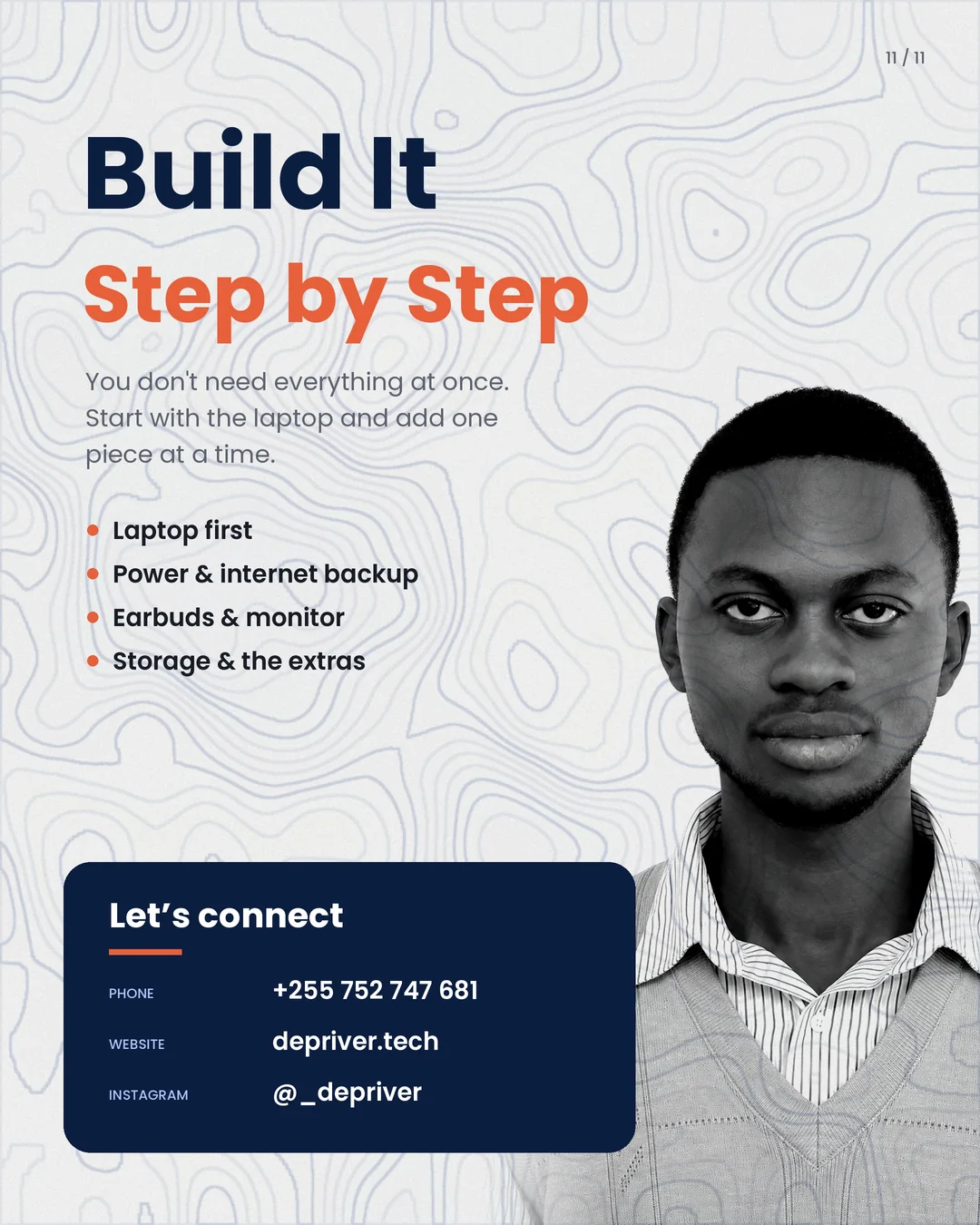 Build it step by step: laptop first, then power & internet backup, then the rest.